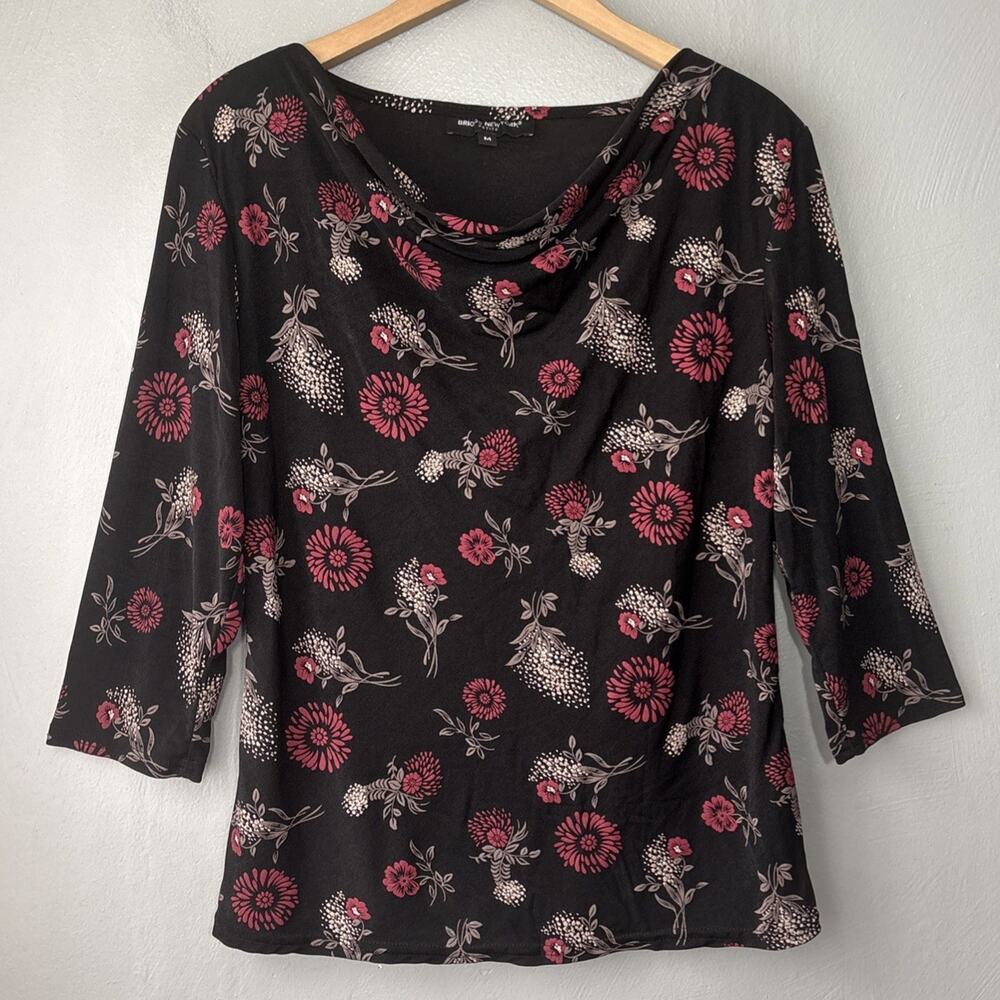 Y2K Top Size MP Petite Black Red Floral Stretch Cowl Neck Going Out Office Siren